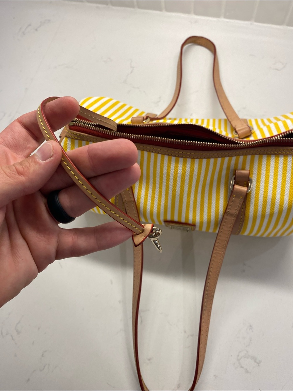 Dooney & Bourke Yellow & White Striped Barrel Shoulder Bag Tan Trim EUC ✨ - Picture 9 of 12
